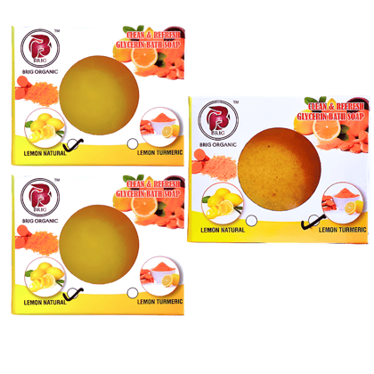 BRIG 2 Lemon Natural and 1 Lemon Turmeric Soap | Lemon Fresh leaf Lemon Zest Natural bar| Refreshing skin care body wash | man and women 3X100g. (Pack Of 3)