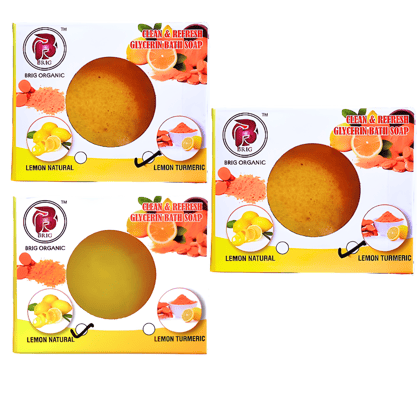 BRIG 2 Lemon Turmeric and 1 Lemon Natural Soap | Lemon Cool & Fresh Glowing Skin | Turmeric Gold Brightening Soap Bar | All Type Skin Moisturizes Men Women 3X100g. (Pack Of 3)