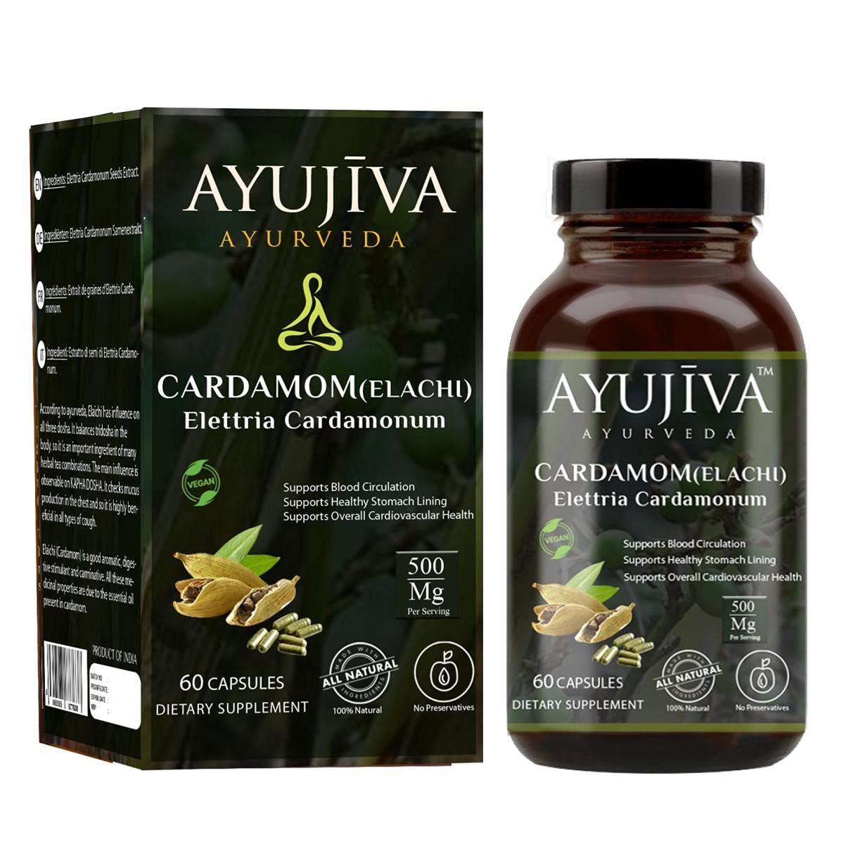 AYUJIVA - Cardamom (Elaichi) Dietary Supplement -60 Veg Capsules�