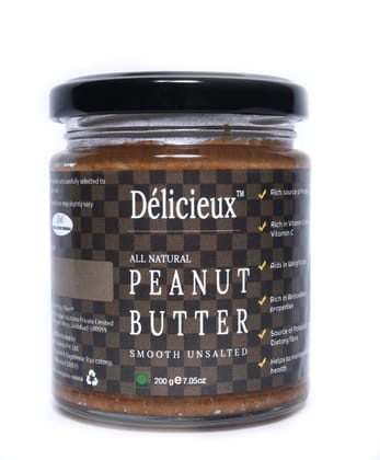 D�licieux All Natural Keto Peanut Butter Smooth Unsweetened-200 GM , Vegan Diet Stone Ground