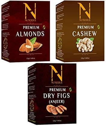 NUTICIOUS Premium Dry Fruits, Nuts and Berries Set of Combo Pack (Nuticious Almonds 125 gm +vCashews 125 gm + Anjeer 125vgm X 3 ) 375Gm