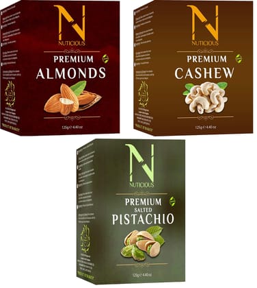 NUTICIOUS Premium Dryfruits Set of Combo Pack (Almonds 125gm + Cashews 125gm + Salted Pista 125gmX 3 ) 375Gm