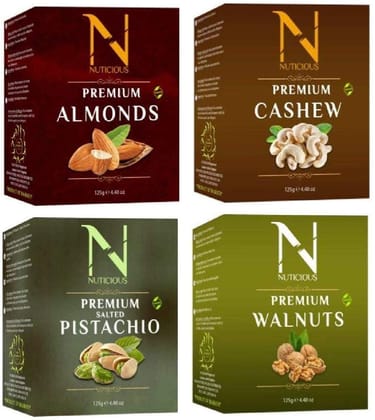 NUTICIOUS (Almonds 125 gm +Cashews 125 gm +Salted Pista 125 gm +Walnuts 125 gm )500 GM