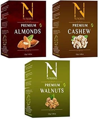 NUTICIOUS Premium Dryfruits / Nuts and Berries Set Combo Pack (Almonds 125gm + Cashews 125 gm + Walnuts 125 gm ) 375gm