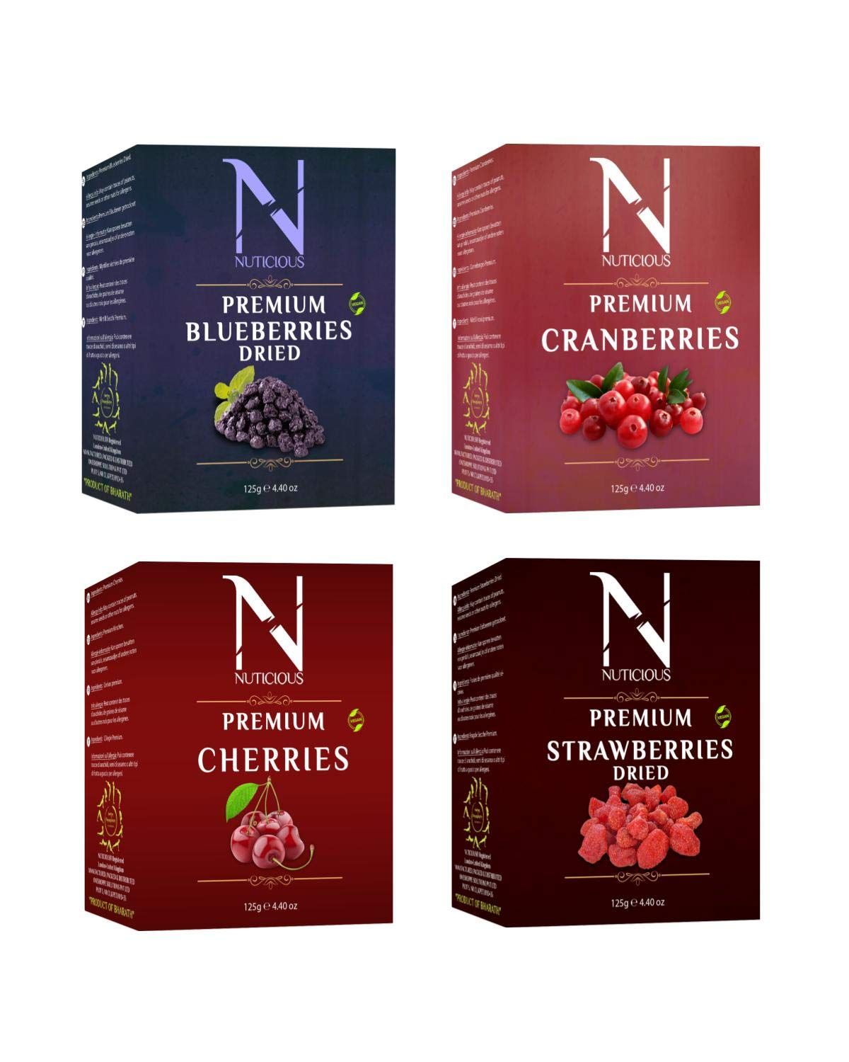 NUTICIOUS Ptremium Super Berries Unsweetened Set Combo Pack (Dried Blueberries + Dried Cranberries + Dried Strawberries + Dried Cherries )500gm Dryfruits/ Nuts and Berries