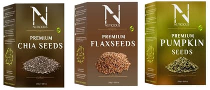 NUTICIOUS Premium Seeds for Eating Set of Combo Pack for Weight Loss (Chia Seeds 250gm+Flax Seeds 250 gm ,Pumpkin Seeds 250gm) Pack of 3