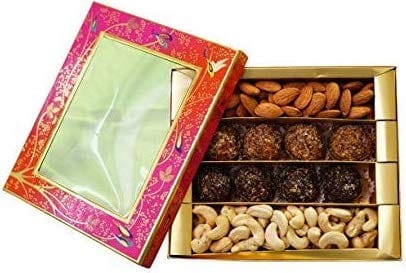 NUTICIOUS -Floral Sweet Dryfruits Gift Box for Friends & Relatives (Almonds 125 gm ,Cashews 125 gm , & 30 gm X 8 =240 gm Protein Laddus )-500 G