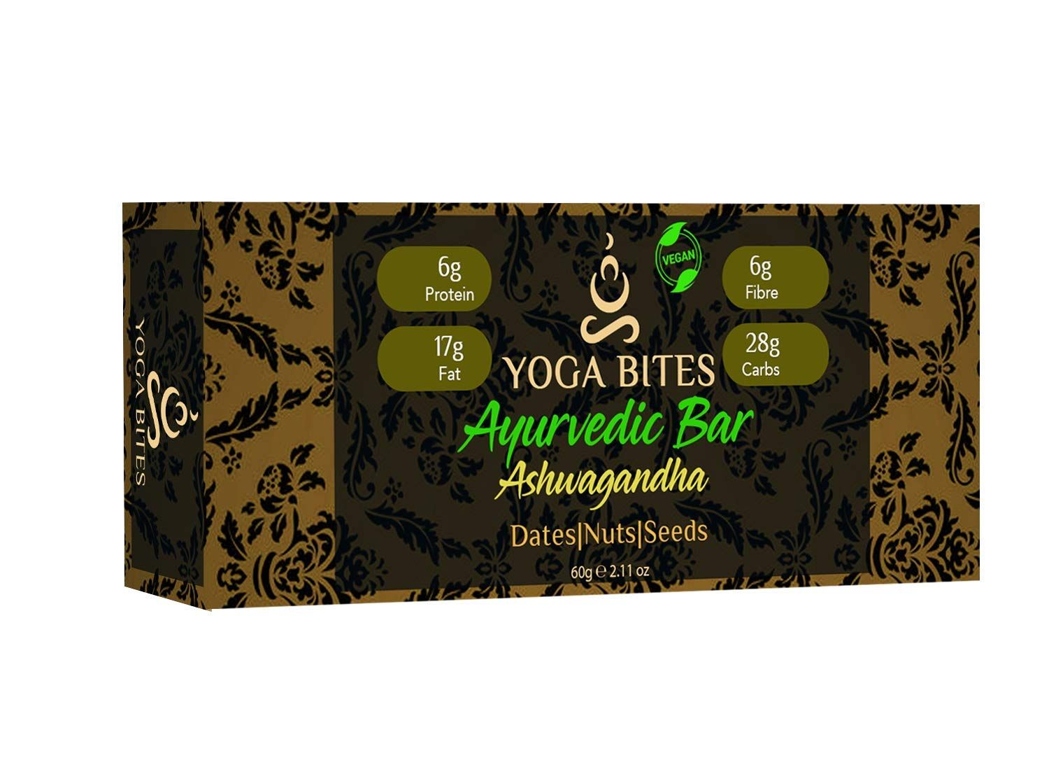 YOGABITES- Ayurveda Bars - Dates, Nuts & Seeds with Ashwagandha (Peanut Butter,Almond Butter,Peanut Chopped,Medjool Dates, Pumpkin Seeds, Flax Seeds,Vanilla)-60 Gm