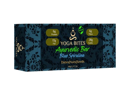 YOGABITES- Ayurveda Bars - Dates, Nuts & Seeds with Blue Spirulina (Peanut Butter,Almond Butter,Peanut Chopped,Medjool Dates, Pumpkin Seeds, Flax Seeds,Vanilla)-60 Ge