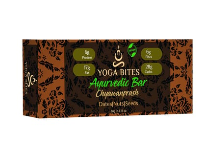 YOGABITES- Ayurveda Bars - Dates, Nuts & Seeds with Chyawanprash (Peanut Butter,Almond Butter,Peanut Chopped,Medjool Dates, Pumpkin Seeds, Flax Seeds,Vanilla)-60 Gm