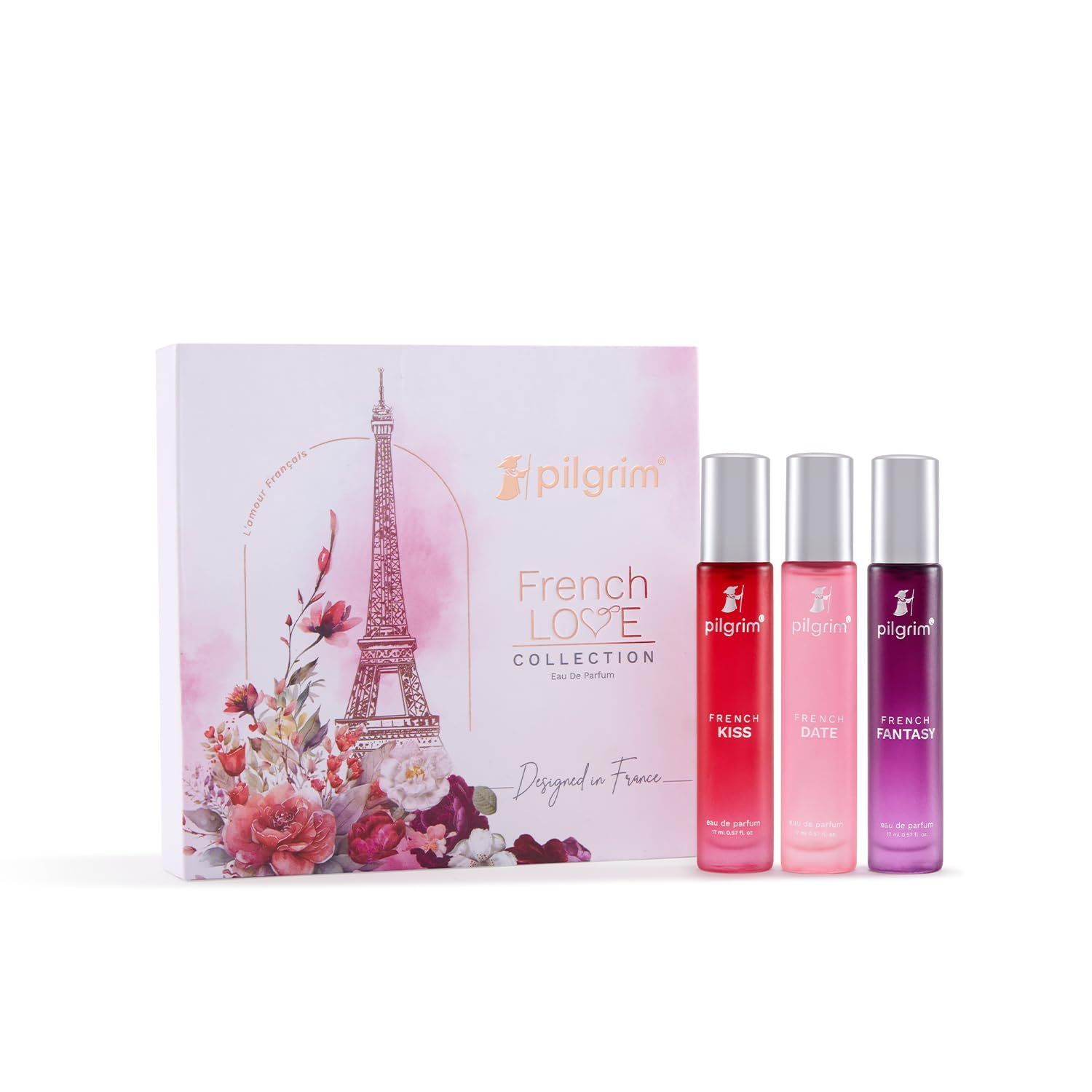 Pilgrim The French Love Collection Premium Perfume Gift Set For Women 3x17 ml | Perfume for women long lasting | Eau de parfum for women | Designed in France | Floral, Oriental & Amber Fougere scent