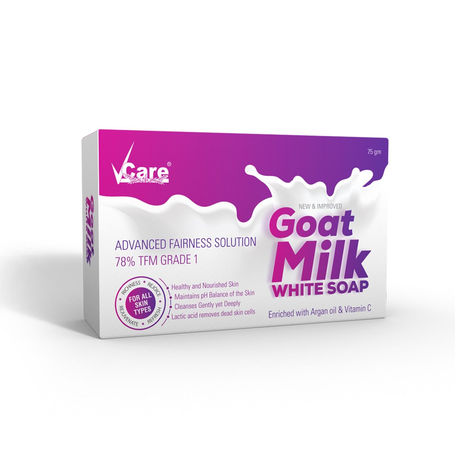 VCare Goat Milk Soap For Women & Men with Vitamin C Argan Oil for Deep Exfoliation and provides hydration | Sulfate & Paraben Free Bathing Soap Bar - 75 gms