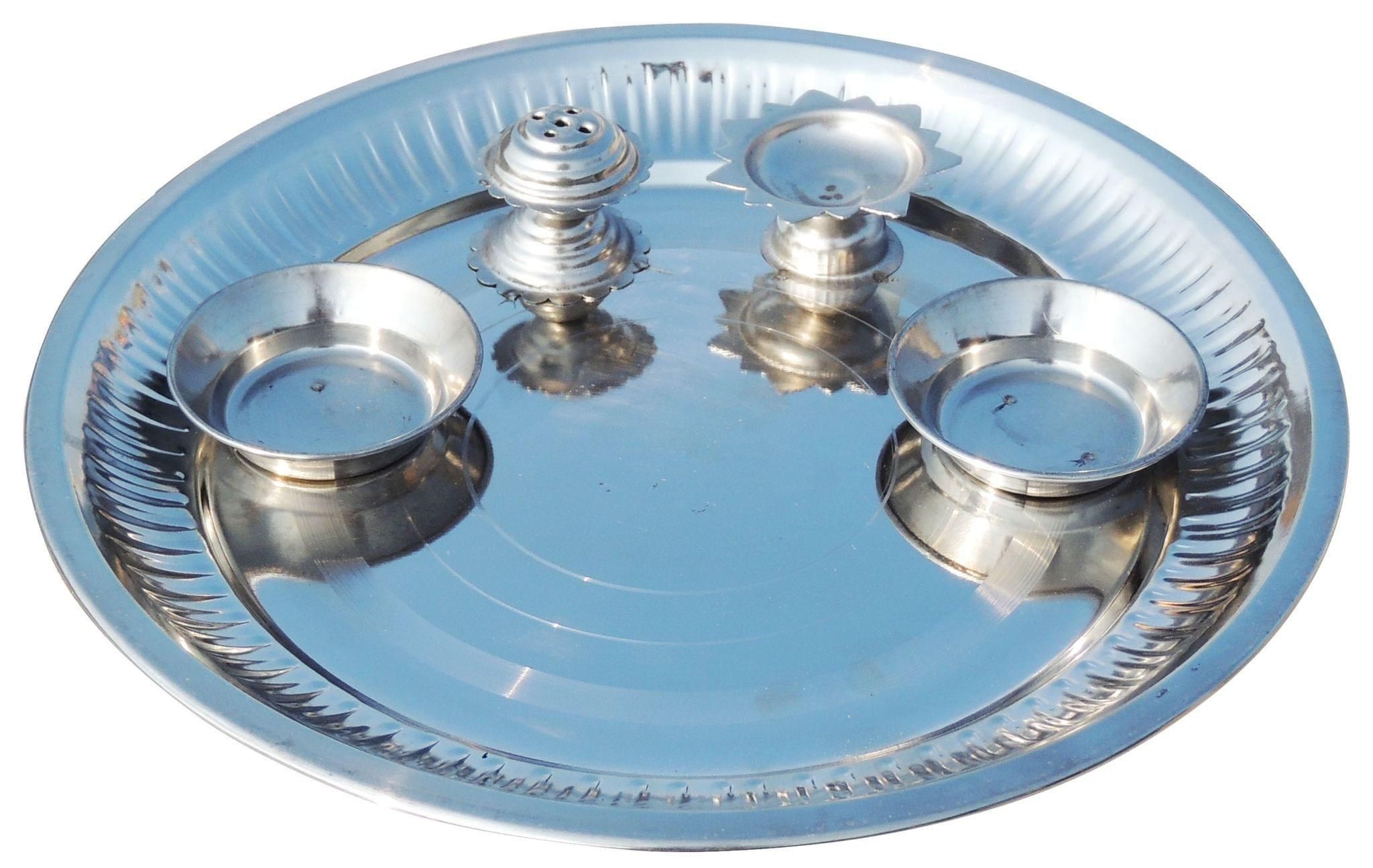 Steel Puja Thali  - 8.6*8.6*1.3 inch (S038 F)