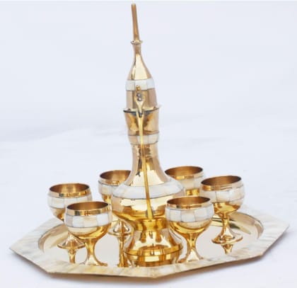 Brass Wine Set With Seep Work 6 Glass 1 Surahi 1 Tray Miniature Toy For Children Playing  - 10*10*N/A inch (Z363 E)