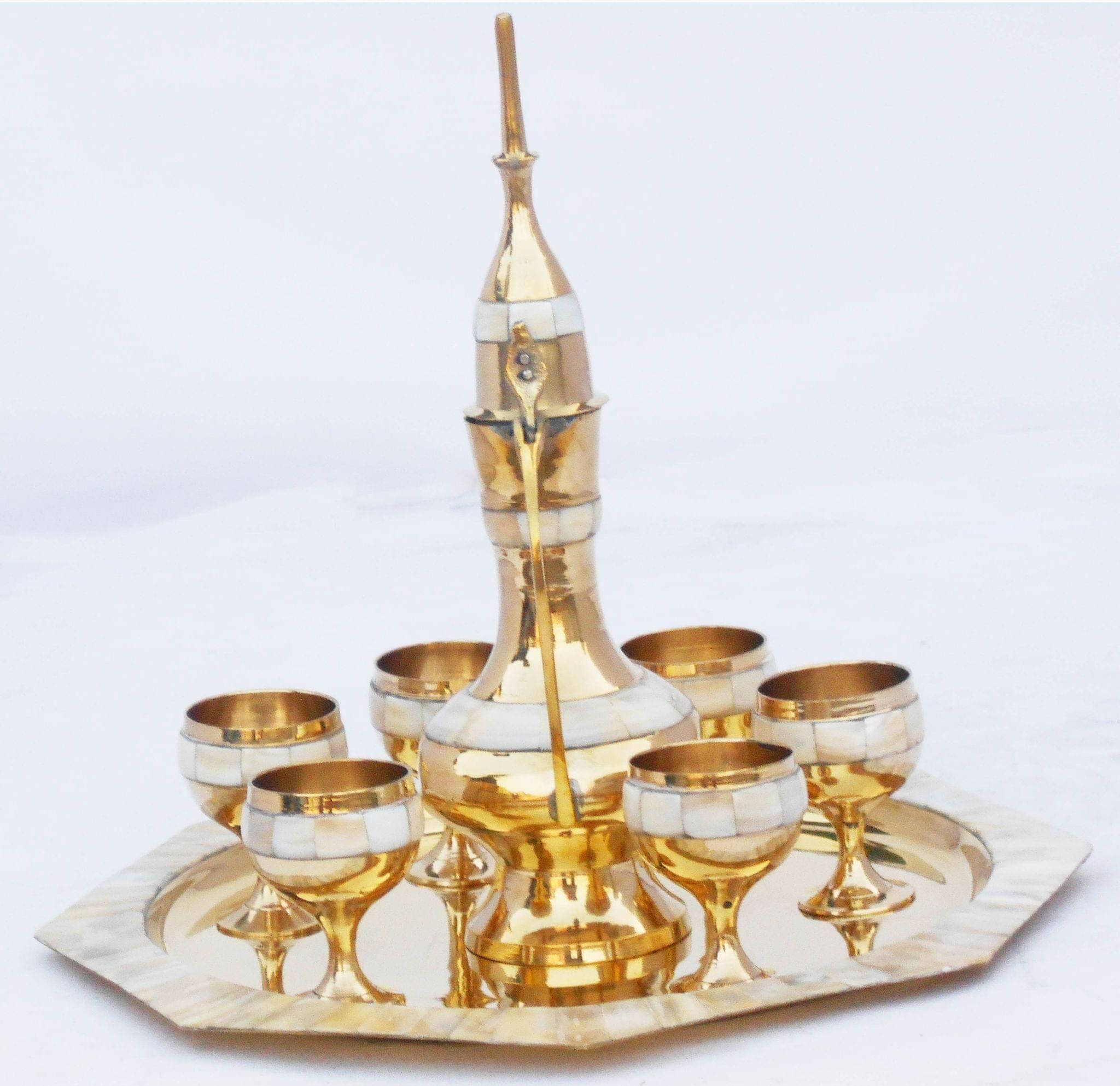 Brass Wine Set With Seep Work 6 Glass 1 Surahi 1 Tray Miniature Toy For Children Playing  - 10*10*N/A inch (Z363 E)