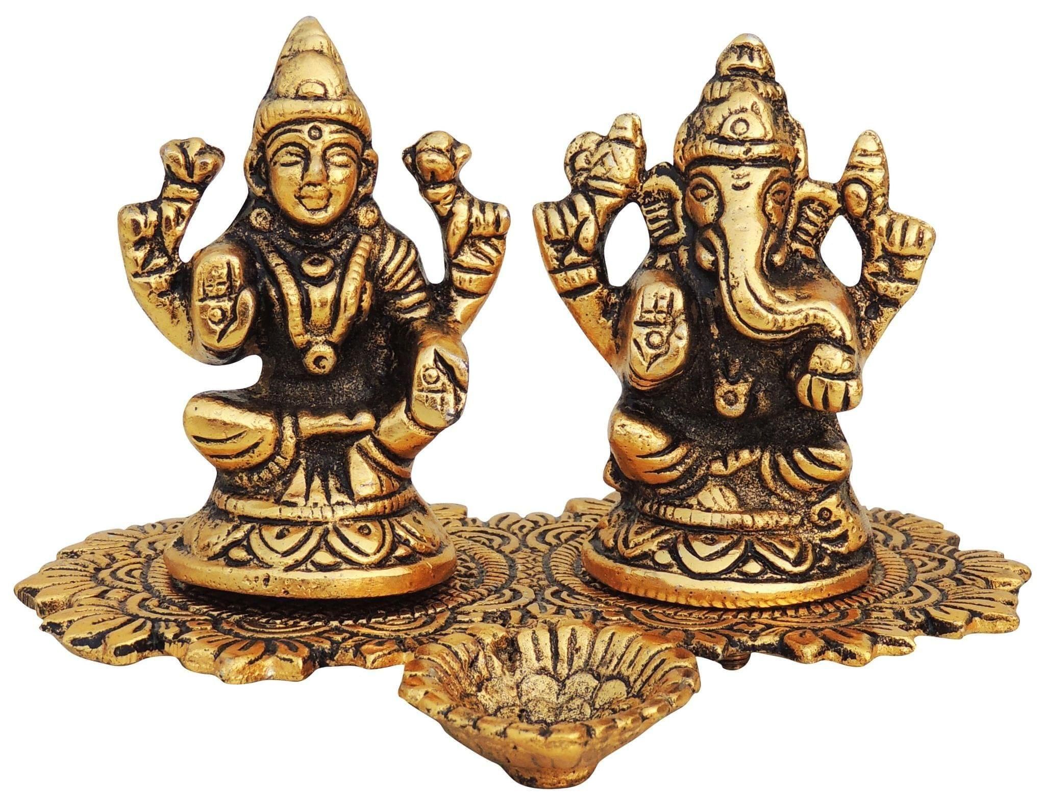 Showpiece Aluminium Laxmi Ganesh Deepak - 5*3.2*4 inch (AS387 G)