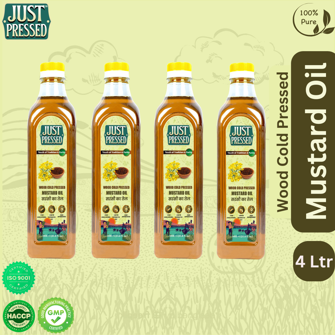 Mustard Wood Pressed Mustard Oil 4 Litres (Cold Pressed - Extracted on Wooden Churner) | Kolhu/Kacchi Ghani / Chekku