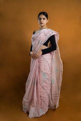 Shwet  Pink Chikankari Kota Cotton Saree