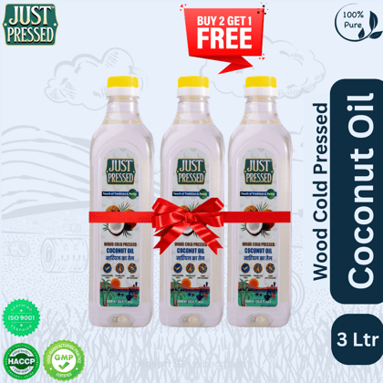 Buy 2 Get 1 - JustPressed Coconut Wood Pressed Oil (Chekku) Cold Pressed Coconut Oil, 100% Pure & Natural Untreated & Unrefined Coconut oil for Healthy Cooking | Kachi Ghani Oil | (1 ltr each)¯