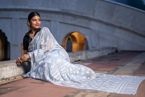 Shwet   Grey  Chikankari Kota Cotton Saree