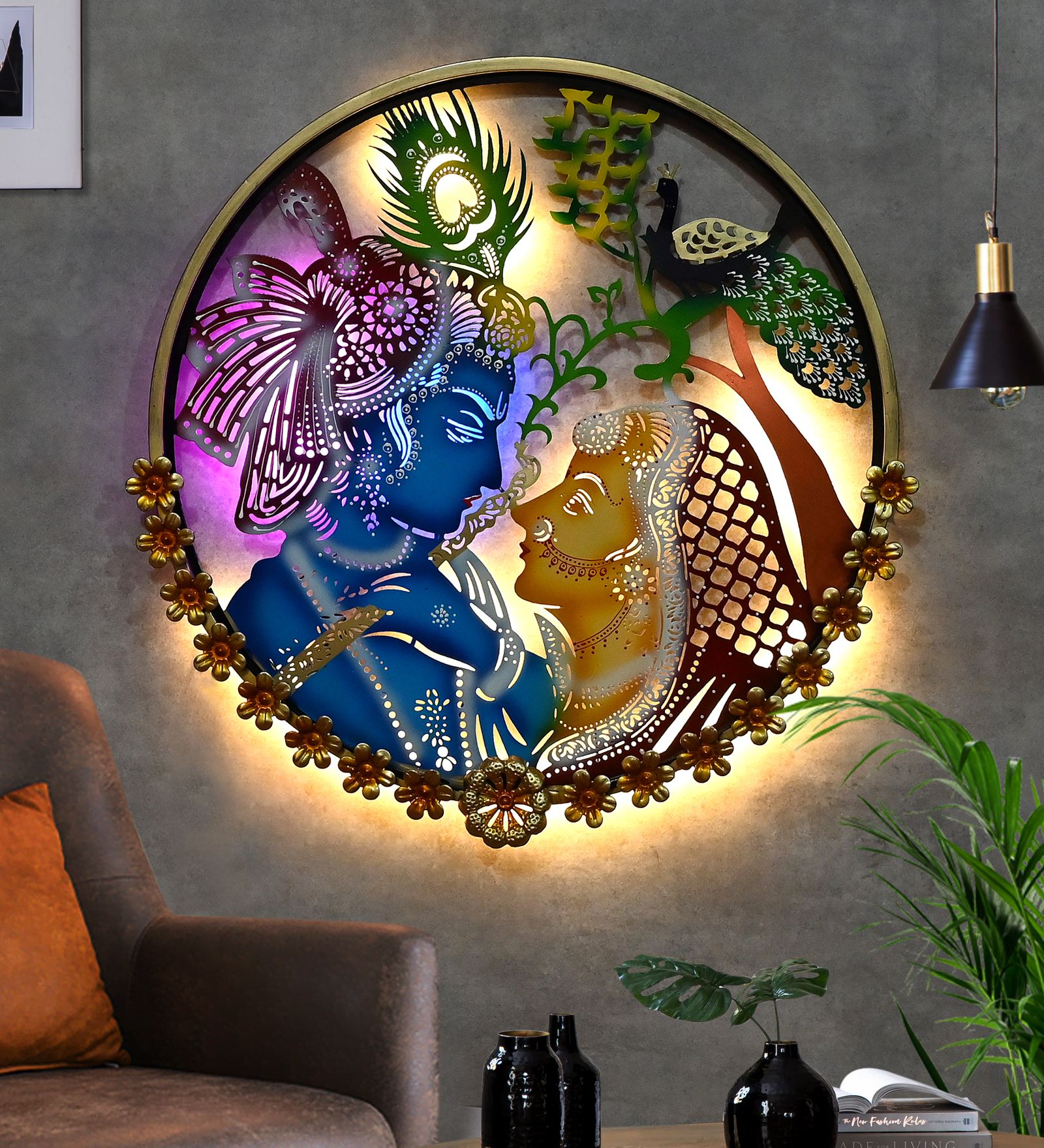 IPC Radhe Krishna Round Metal Wall Art Frame | Wall Sculptures Home Decor, Office, Restaurant and for Gift Purposes 25'' Inch Diameter