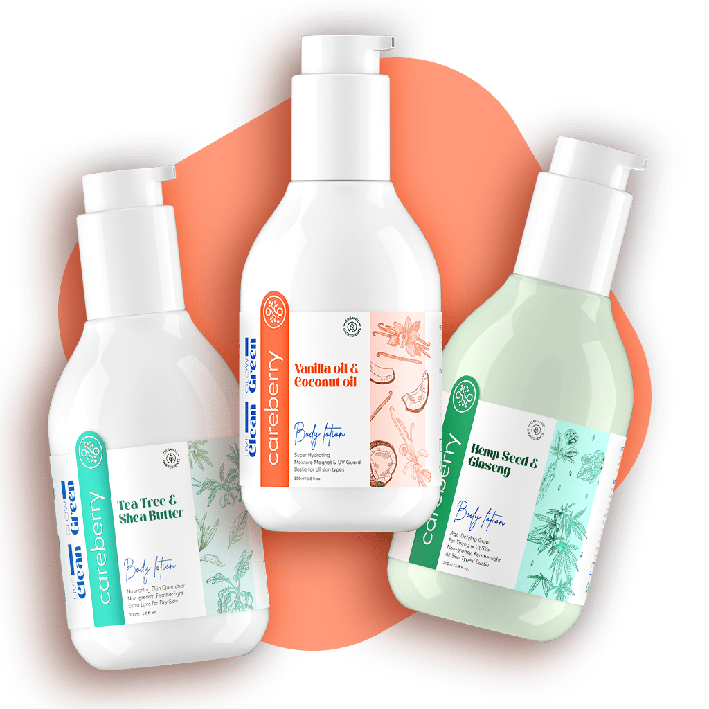 Careberry's Skin Squad Essentials: Vanilla & Coconut, Hemp Seed & Ginseng, Tea Tree & Shea Butter Body Lotion Trio (Pack of 3, 200 ml each)