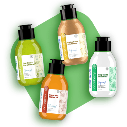 Careberry's Radiant Skin Revival Body Wash Pack of 4 - Hemp Seed & Shea Butter bodywash, Tea Tree & Eucalyptus shower gel, Argan & Almond oil shower gel, Golden Berry & Gold Dust body wash(100ml each)