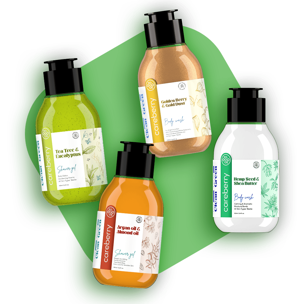 Careberry's Radiant Skin Revival Body Wash Pack of 4 - Hemp Seed & Shea Butter bodywash, Tea Tree & Eucalyptus shower gel, Argan & Almond oil shower gel, Golden Berry & Gold Dust body wash(100ml each)