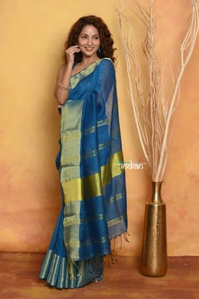 Handloom Pure Cotton Linen Saree With Golden Border