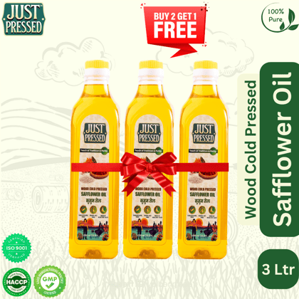 Buy 2 Get 1 - Just Pressed Cold Pressed Safflower Oil | 100% Pure Safflower Kusum Saffola Oil | Unrefined & Zero Additives | Healthy Heart Oil | Saffola Hero Ingredient | Kachi Ghani Oil | (1 ltr each)