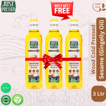 Buy 2 Get 1 - Just Pressed Wood Cold Pressed White Sesame Oil 1 Litre (Cold Pressed - Extracted on Wooden Churner) Edible Gingelly Oil/ Til Oil | (1 ltr each)