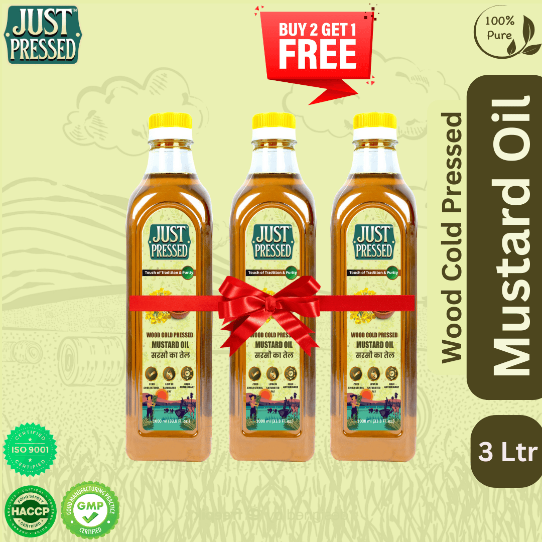 Buy 2 Get 1 - JustPressed Wood Pressed Mustard Oil (Cold Pressed - Extracted on Wooden Churner) | Kolhu/Kacchi Ghani / Chekku| | ( 1 ltr each)