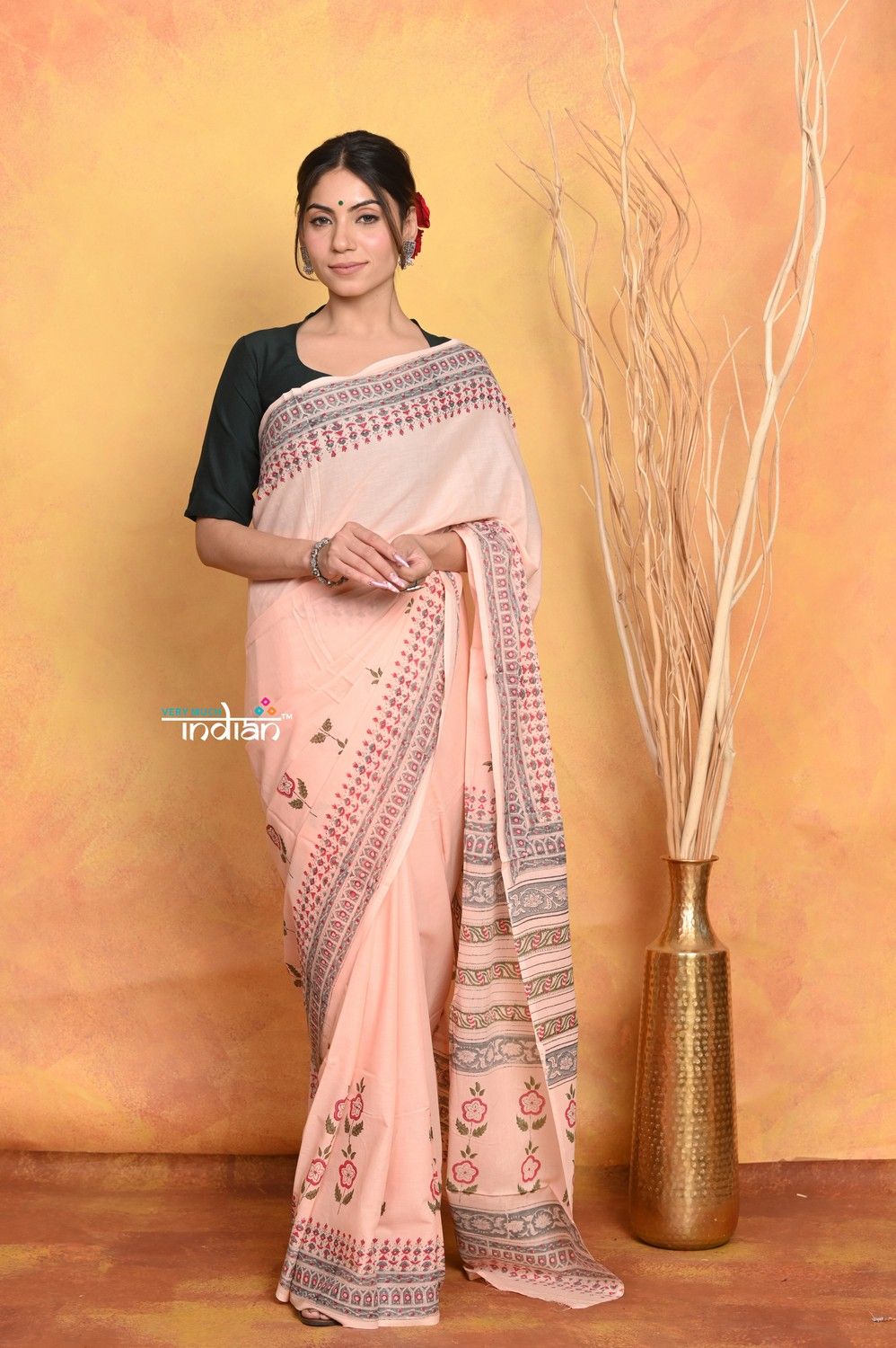 Handblock Printed Cotton Saree With Natural Dyes