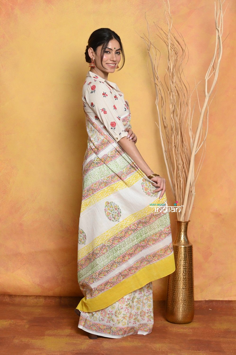 Handblock Printed Cotton Saree With Natural Dyes