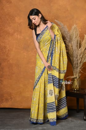 Handblock Printed Cotton Saree With Natural Dyes