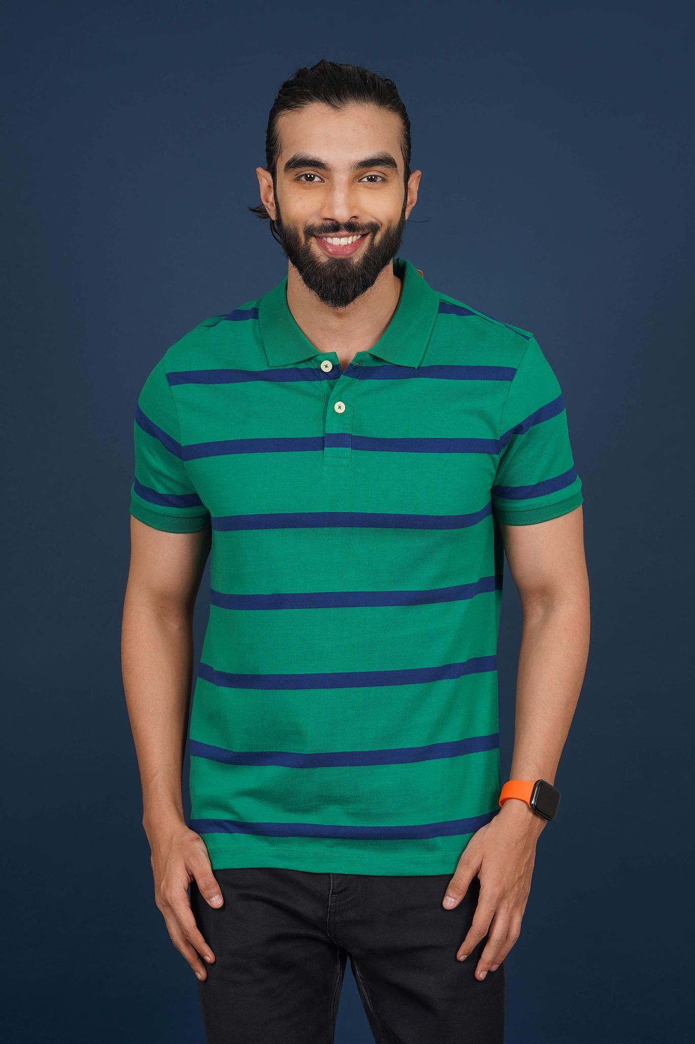 Men's Green/Blue Striped Polo T-Shirt