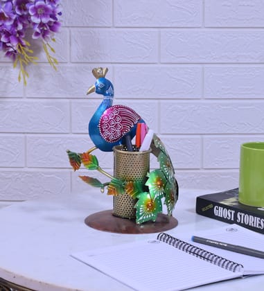 IPC Metal Peacock Pen/Pencil Holder or Stand Home Decor Showpiece Decorative Figurine for Home Living Room Office Table Organizer Height - 11.5 inch