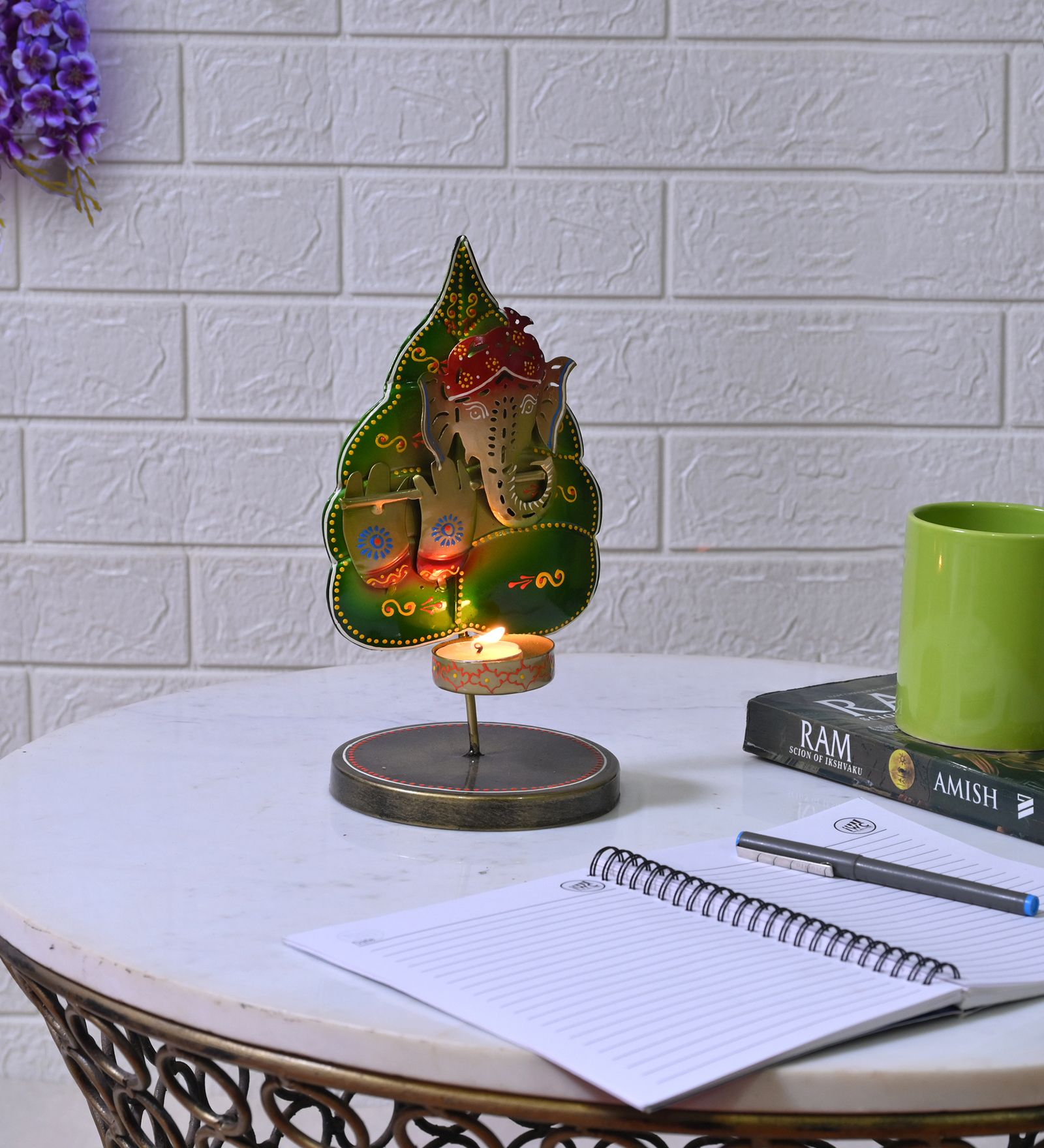 Ganesh With Leaf Tealight Candle Holder (Green)