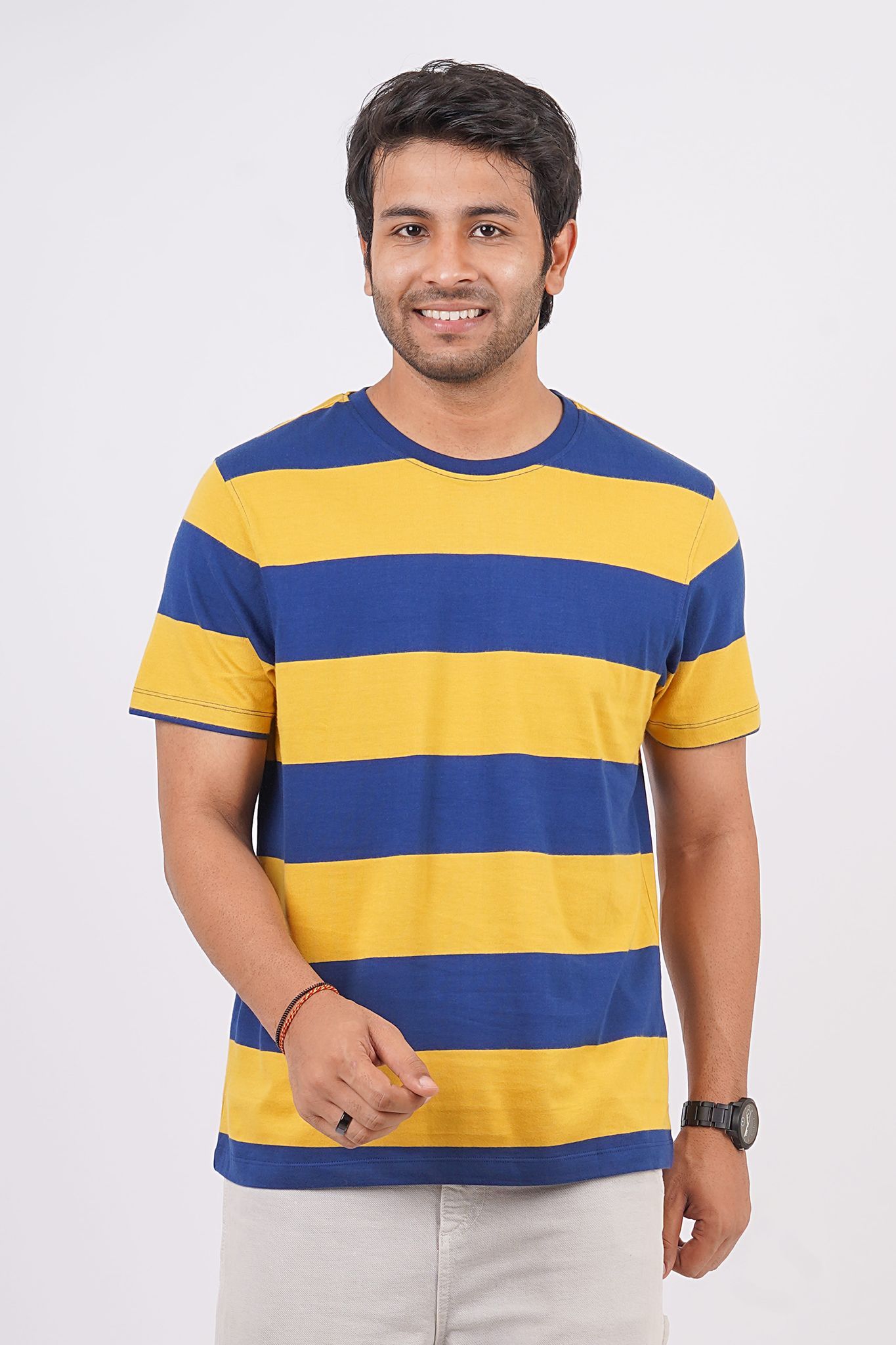 Men's Yellow Striped Crew Neck T-Shirt