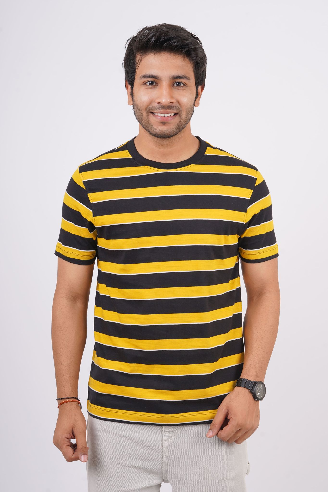 Men's Yellow Striped Crew Neck T-Shirt