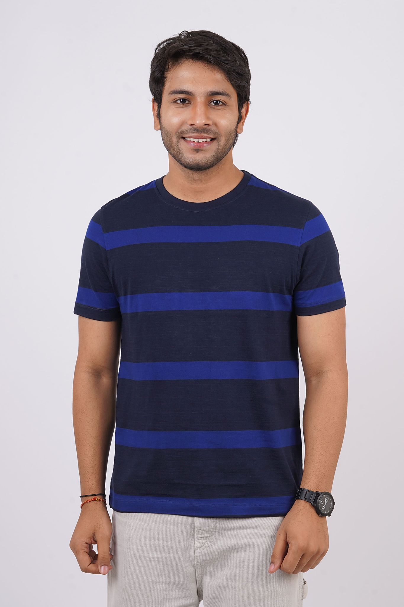 Men's Royal Blue Striped Crew Neck T-Shirt