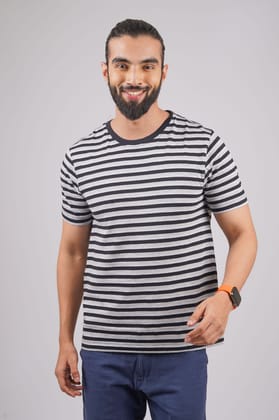 Men's Grey Melange Striped Crew Neck T-Shirt