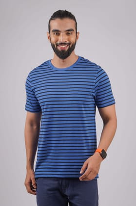 Men's Cobalt Blue Striped Crew Neck T-Shirt