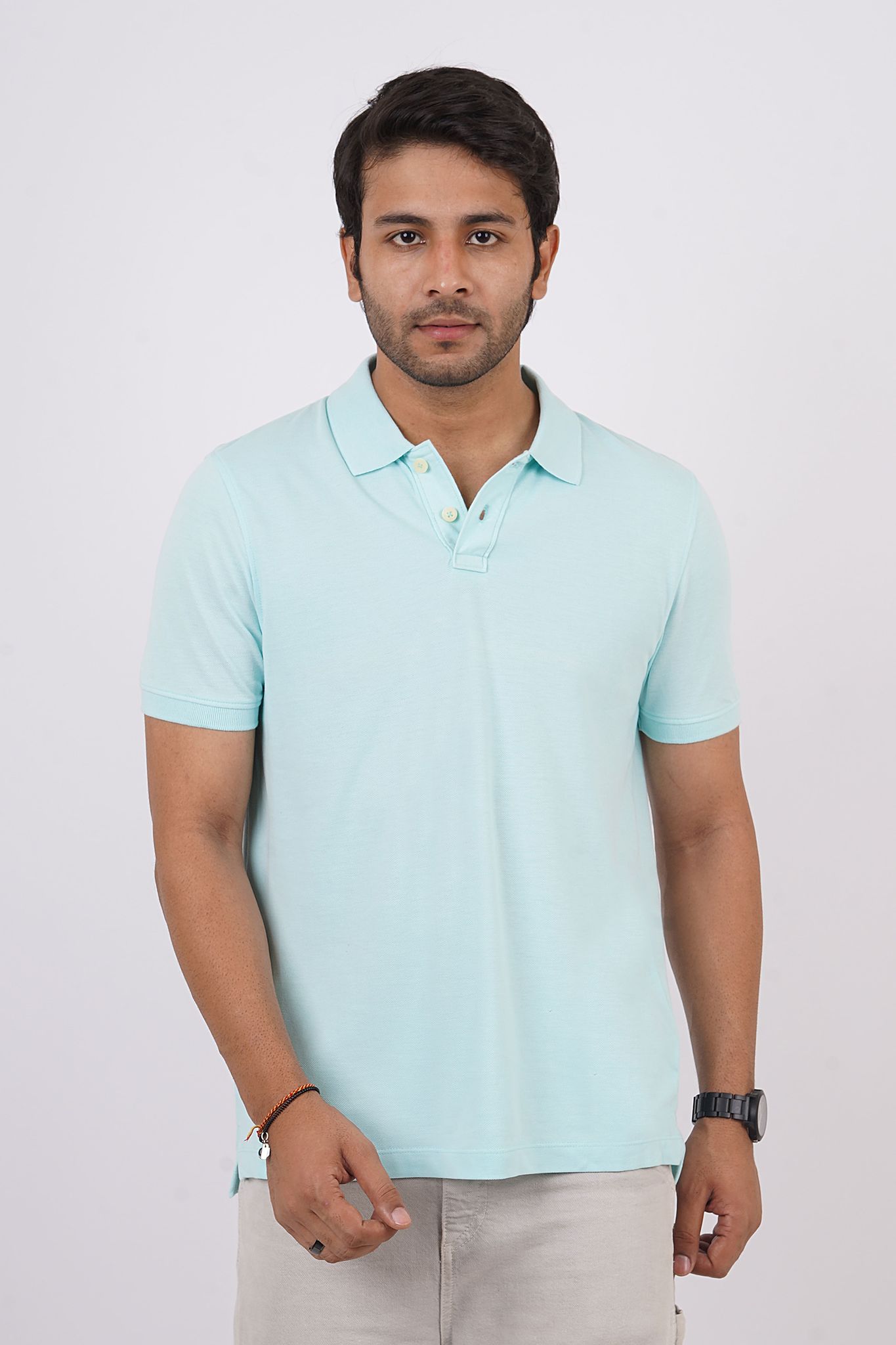 Men's Water Blue Solid Polo T-Shirt