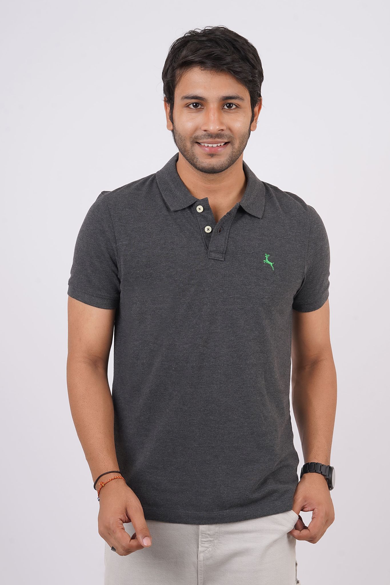 Men's Charcoal Melange Embroidery Polo T-Shirt