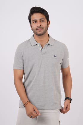 Men's Grey Melange Embroidery Polo T-Shirt