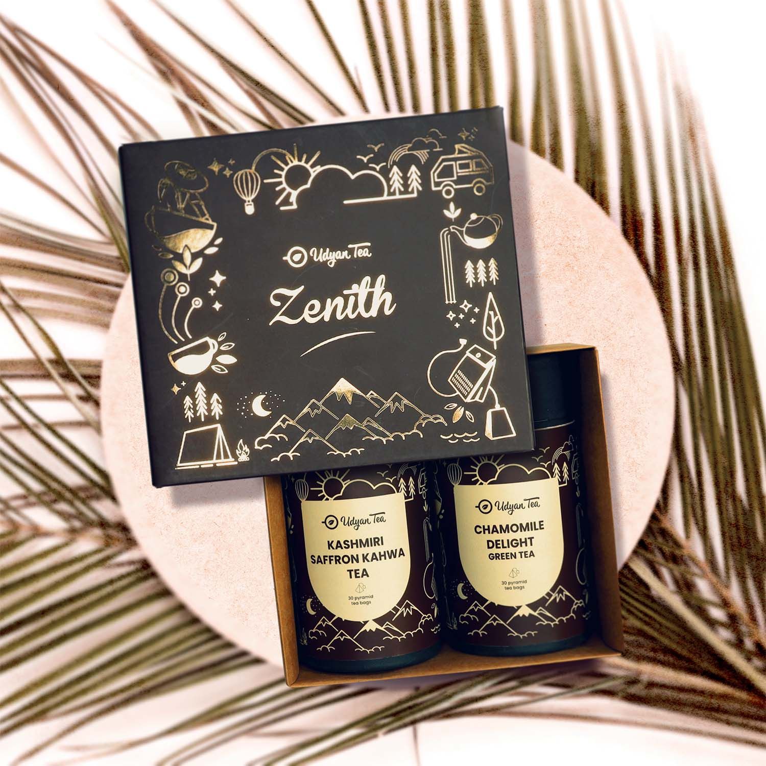 Udyan Tea ZENITH Gift Box - Kashmiri Saffron Kahwa & Jasmine Jade in Pyramid Tea Bags - Elevate Your Tea Experience to New Heights