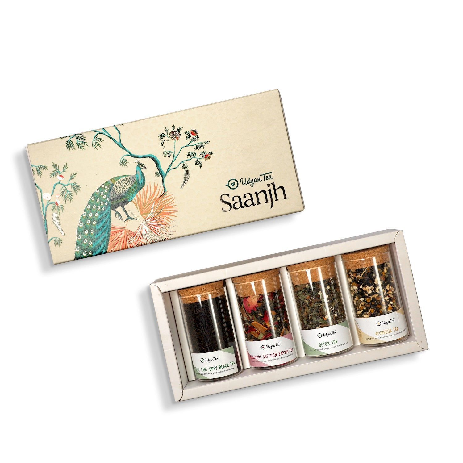 Udyan Tea SAANJH Luxurious Festive Box - 4 Borosilicate Glass Jars with Cork Lids - Perfect Gift for Special Occasions