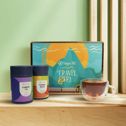 Udyan Tea Travel & Tea Gift Box - Premium Pyramid Tea Bags Set with Kashmiri Saffron Kahwa & Chamomile Delight, Includes Stylish Double-Walled Glass Cup