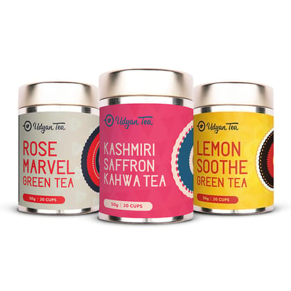 Udyan Tea | Green Tea Combo Pack | Kashmiri Saffron Kahwa | Rose Marvel Green Tea | Lemon Soothe Green Tea